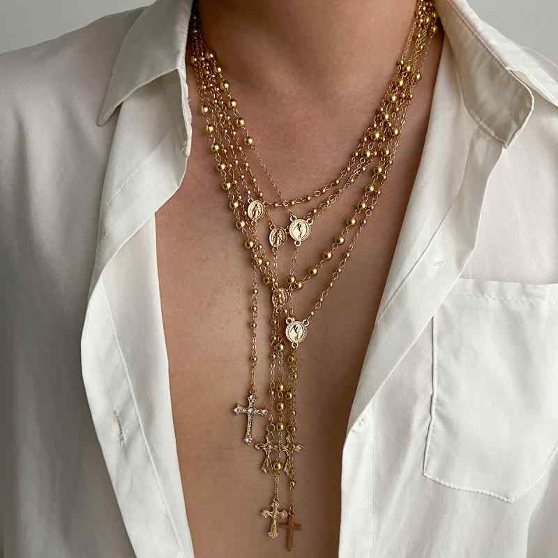 ネックレス メンズ 男性用 5連 十字架 レイヤード風 ヴィンテージ風 合金 ペンダント ゴールド ゴールド アクセサリー