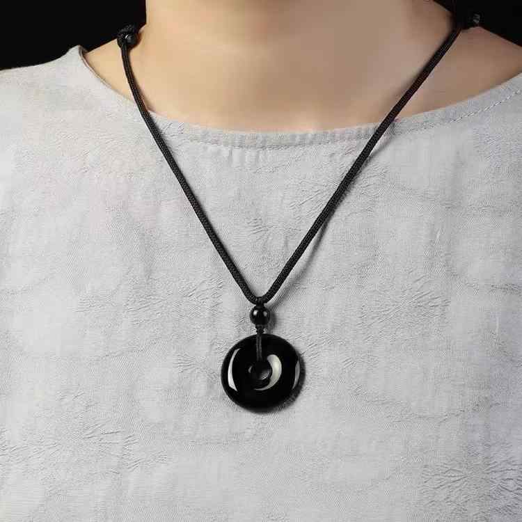 ネックレス レディース メンズ 黒曜石 平安扣 ペンダントトップ 水晶 ジェムストーン お守り 縁起物 文様 中国風 アクセサリー ギフト