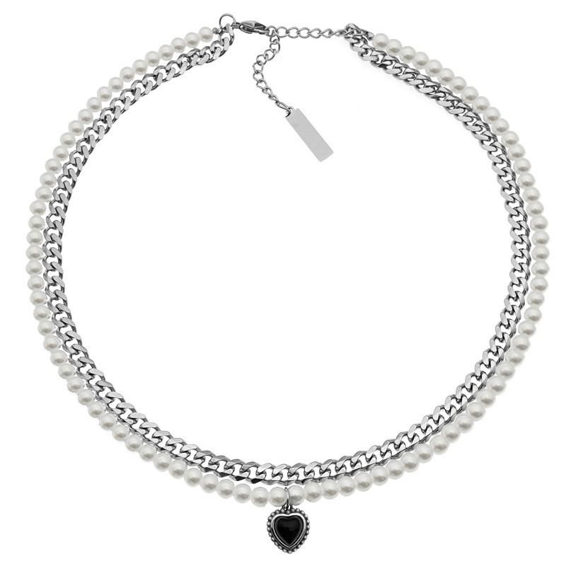 ネックレス メンズ レディース チタン鋼 ヒップホップ風 パール ハート ジルコニア ペンダント ダブル ..