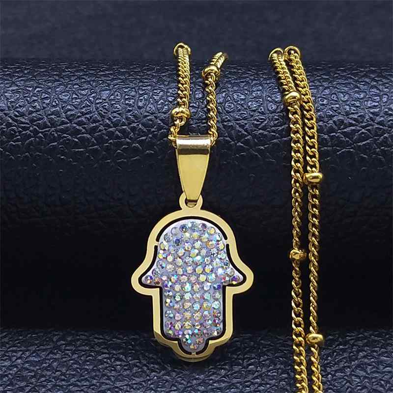 ネックレス レディース メンズ ステンレス ペンダント 鍍金 ゴールド シルバー Fatima Hand ターコイズブルー ラインストーン 40cm 50cm(x2)