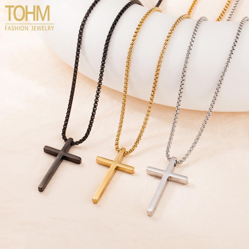 ネックレス メンズ レディース チタン鋼 十字架 ペンダント 幾何学模様 長め パールチェーン 電気メッキ加工 ゴールド ブラック シルバー スティールカラー
