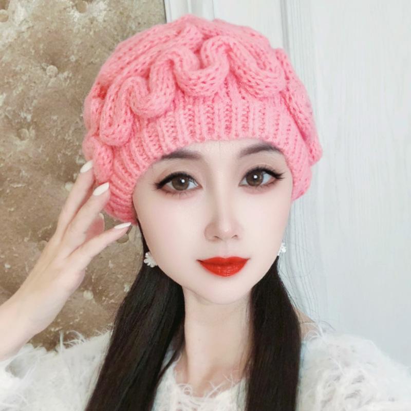 ニット帽 レディース 秋冬 手編み 脳みそモチーフ ウール 暖かい 防寒 冷え対策 かわいい ピンク系(x5)