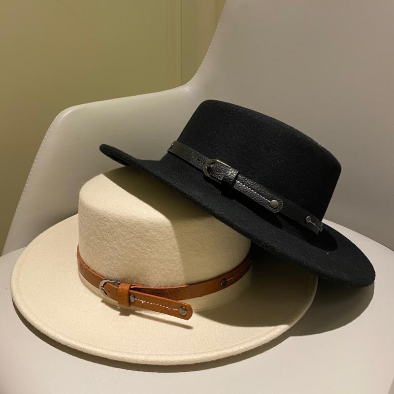 帽子 レディース 秋冬 ウール 大判ブリム 英国風 レトロ フラットトップ ハット メンズ 保温 防風 ブラック ホワイト ベージュ(x2)