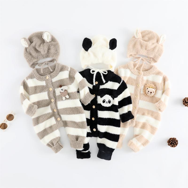ロンパース ベビー 男女兼用 秋冬 ニット 長袖 ストライプ かわいい犬 帽子付き カバーオール 再生繊維