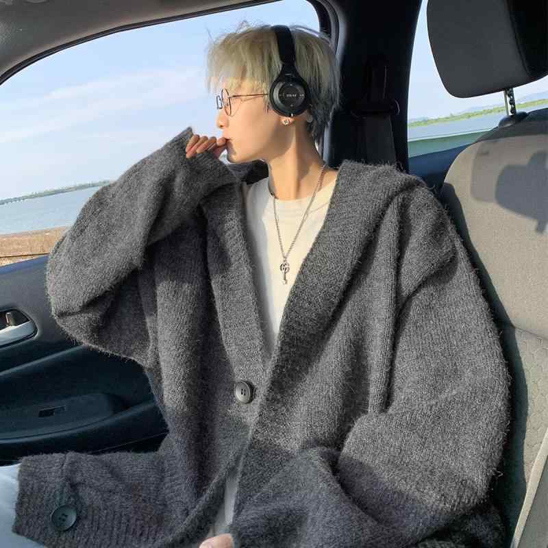 ニットカーディガン メンズ フード付き グレー 秋冬 大きいサイズ ゆったり リブ裾 ポリエステル 混紡 繊維 カジュアル 普段使い