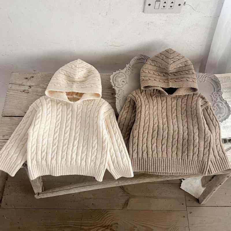 ニット・セーター キッズ 子供服 男女兼用 春秋 韓国 ストライプ柄 コットン混紡 長袖 フード付き 80cm..