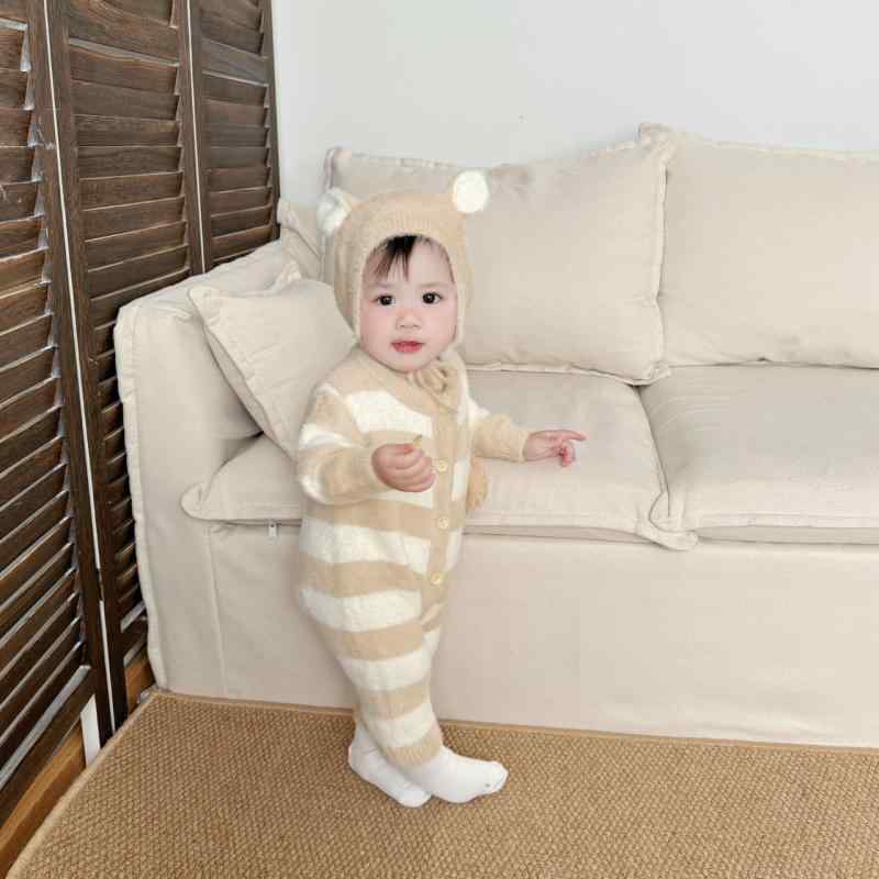 ベビー服 長袖ロンパース セット 春秋 ストライプ かわいいライオン ニット カバーオール 帽子付き 再生繊維