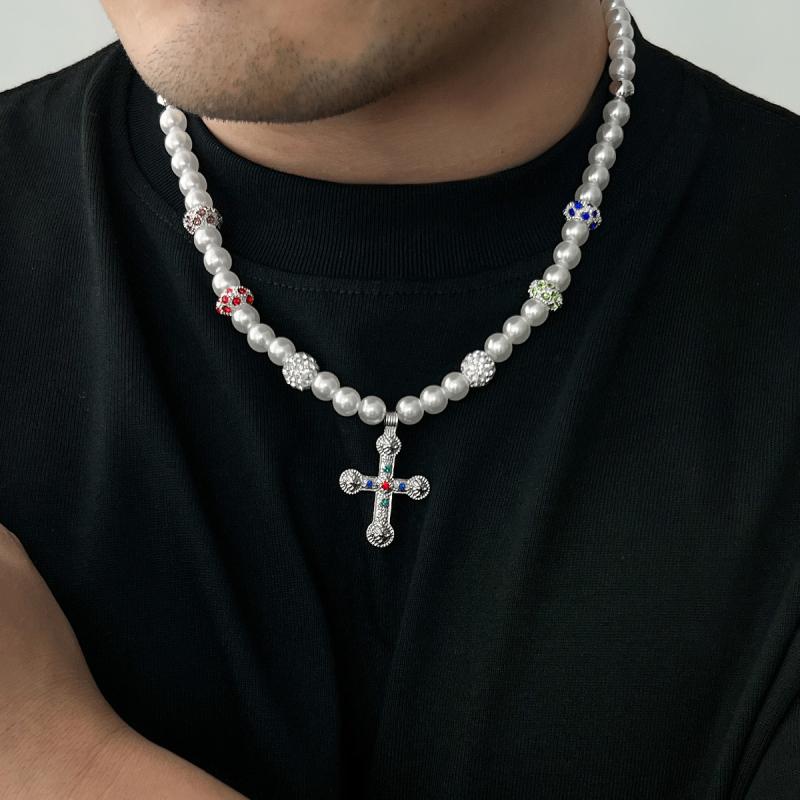 ネックレス メンズ 男性用 フェイクパール クロス 十字架 ペンダント チョーカー 幾何学 合金 白K 41cm..