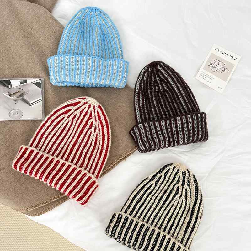 Beanie - ニット帽 レディース 秋冬 ニット帽子 ビーニー ストライプ ストライプ 切り替え あったか 防寒 赤 レッド 茶色 ブラウン 青 ブルー ベージュ