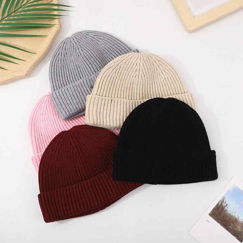 Cap, Hat - ニット帽 レディース 秋冬 防寒 暖かい 無地 韓国 ビーニー 瓜皮帽 グレー 黒 ピンク系(x100)