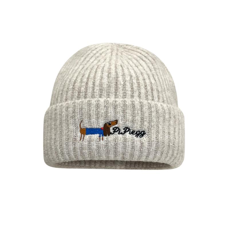 Knit Hat - ニット帽 レディース 秋冬用 学生 防寒 小顔効果 あったか ビーニー かわいい 刺繍 犬柄 ウール混 ニット帽子 女性用 ベージュ カーキ ピンク 水色 ワインレッド グレー ブラック