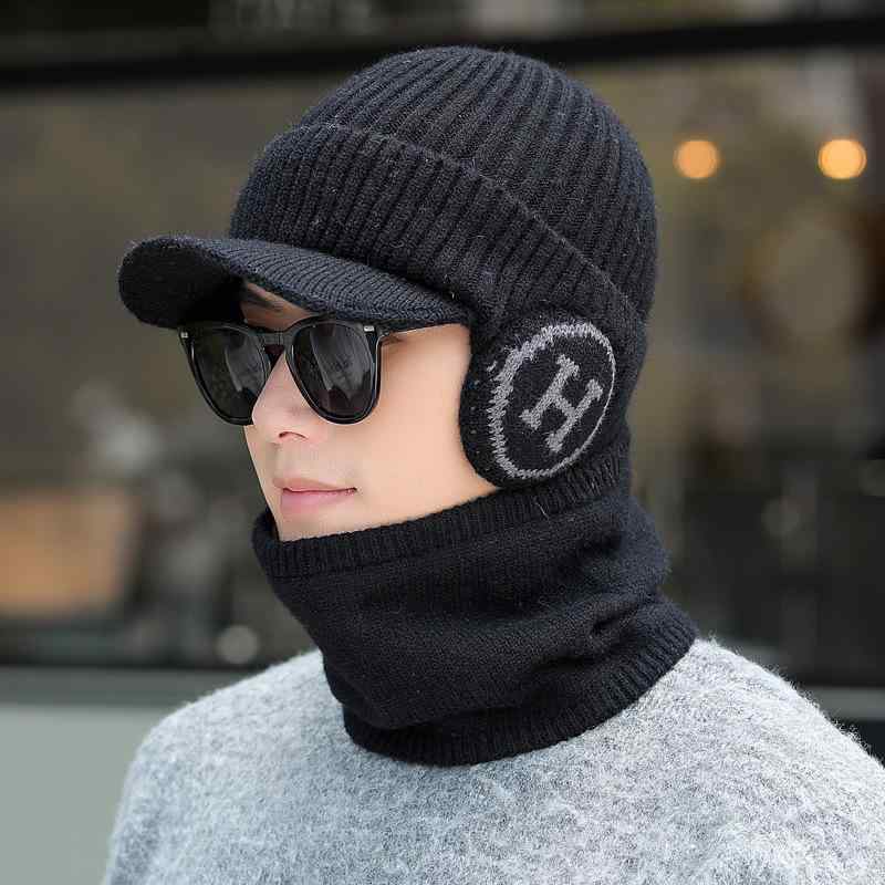 Cap, Hat - 帽子 男性用 ニット帽 秋冬用 裏起毛 寒さ対策 防寒 暖かい キャップ 耳あて付き ウール混紡 英字 あったか 伸縮性