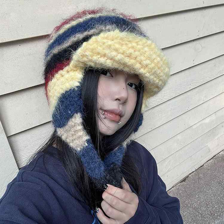 ニット帽 レディース メンズ ボーダー柄 モヘア風 耳当て付き 防寒 秋冬 イエロー ピンク系 グリーン ブルー あったか(x2)