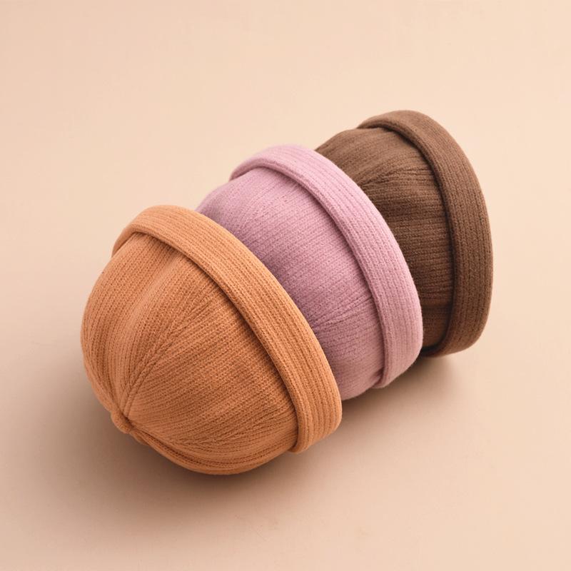 帽子 メンズ 男性用 秋冬 ウール ニット帽 地主帽 韓国 ベレー帽 毛糸 瓜型 無地 黒 ピンク系 ベージュ(x3)