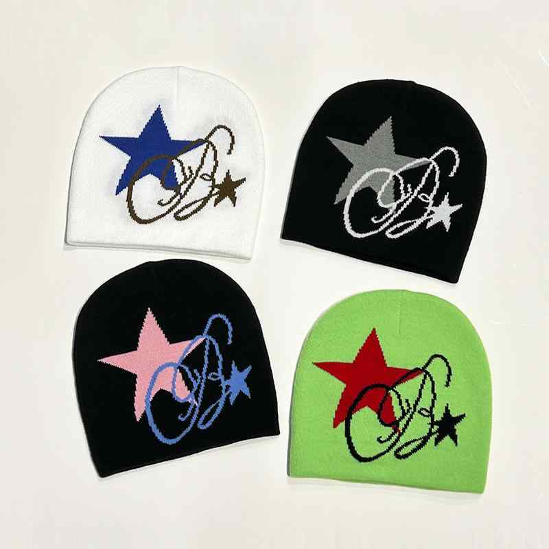 Cap, Hat - ニット帽 レディース メンズ 韓国 秋冬 防寒 ビーニー カップル お揃い スター 星柄 黒 グレー 白 緑(x2)