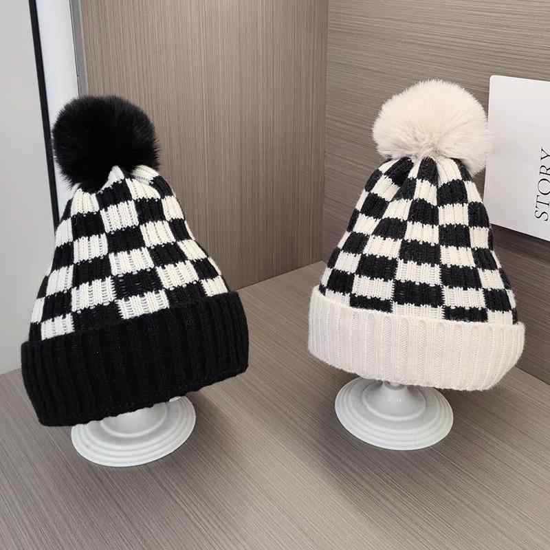 Knit - ニット帽 メンズ レディース 市松模様 秋冬 防寒 保温 ニットキャップ ビーニー 护耳付き 伸縮性 通気性 アウトドア あったか 黒 白