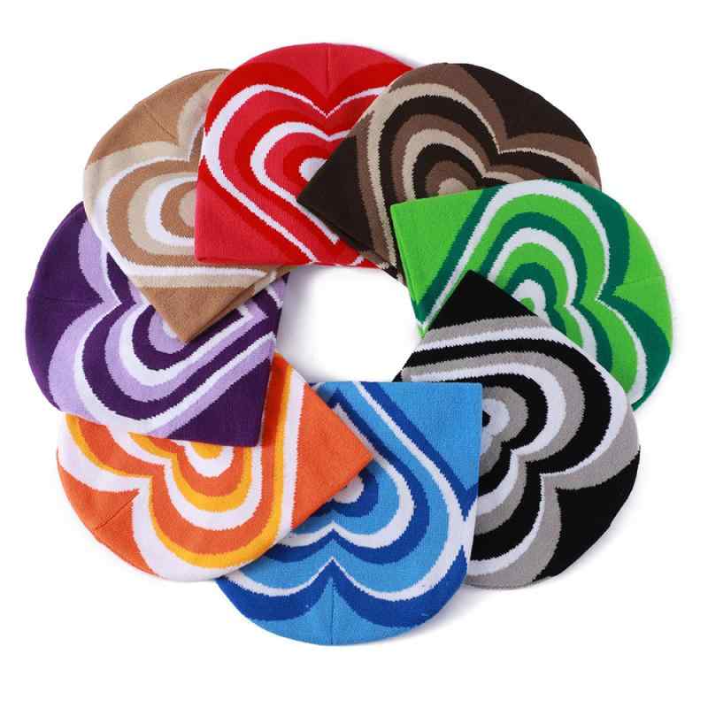 ニット帽 秋冬 男女兼用 かわいい ハート柄 ウール あったか ビーニー 防寒 通気性 栗色 黒 紫 空色 マゼンタ カーキ オレンジ 緑(x2)