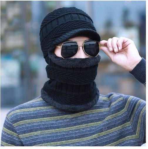 Cap, Hat - 帽子 メンズ ニット帽 秋冬 防寒 裏起毛 ネックウォーマー ケーブル編み 暖かい 伸縮性 ブラック グレー(x2)