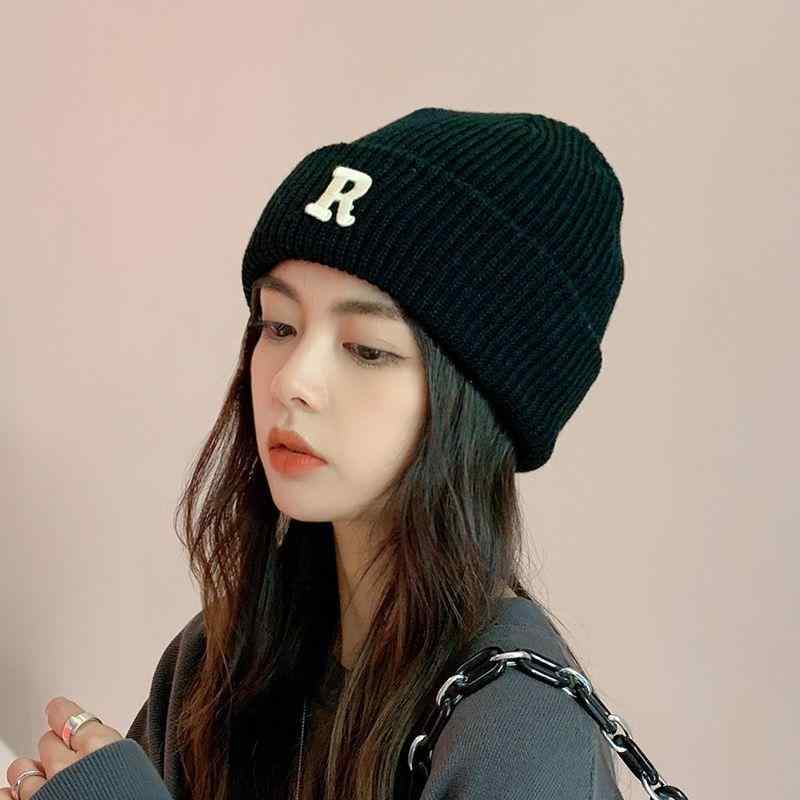 Cap, Hat - ニット帽 メンズ レディース 冬用 韓国 Rロゴ ワンポイント ビーニー 暖かい ニットキャップ グレー 黒 白 普段使い