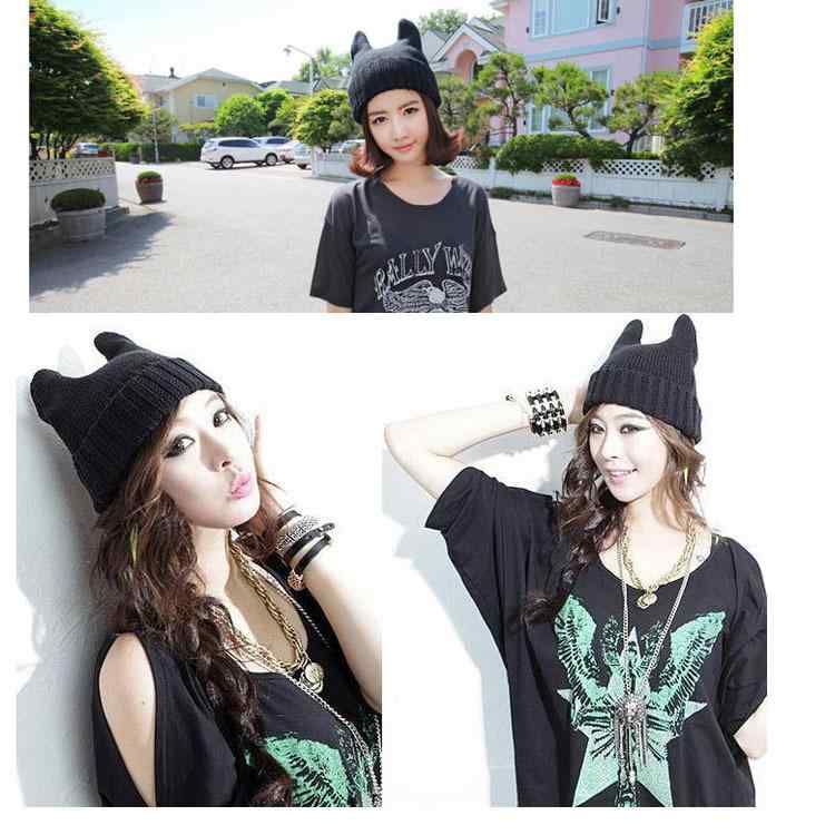 Knit Hat - ニット帽 レディース メンズ 秋冬 猫耳 悪魔 角 韓国 暖かい 帽子 紫色 ブラック グレー(x2)