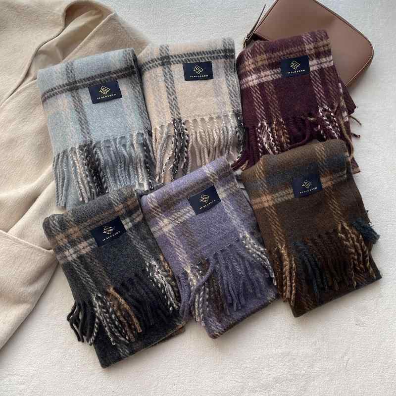 マフラー レディース メンズ 韓国 チェック柄 ストール 秋冬 防寒 保温 羊毛風 大判 ショール ブルー ..