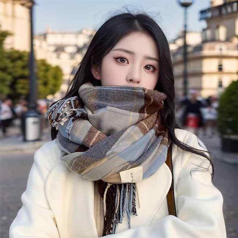 マフラー メンズ 男性用 秋冬 両面格子柄 豪華感 保温性 襟巻き 防寒具 プレゼント ギフト ブラック レ..