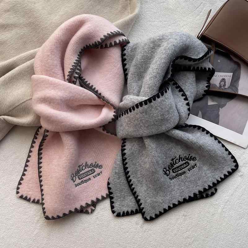 マフラー レディース メンズ ニット 秋冬 防寒 羊毛風 あったか ショート丈 無地 ピンク系