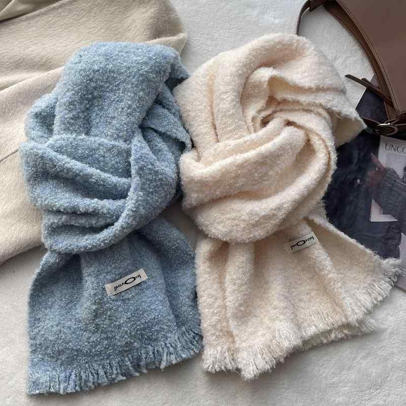 マフラー レディース 秋冬 韓国 ウール混紡 あったか ストール 襟巻き ニュアンスカラー パステルカラー 無地 ブルー アイボリー(x2)