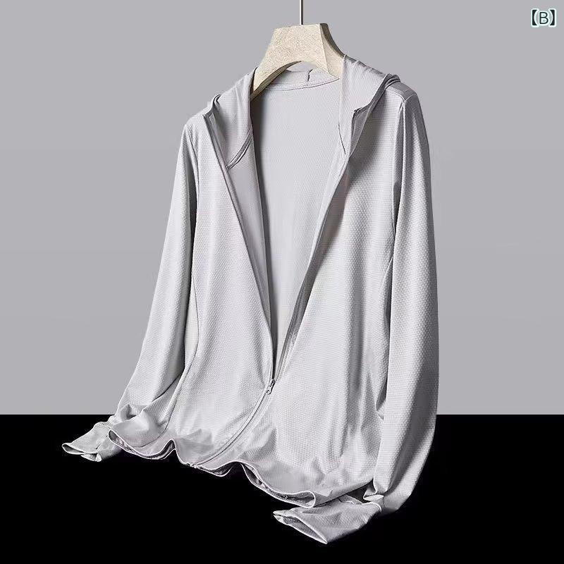 ジャケット メンズ 男性用 薄手 メッシュ 接触冷感 パーカー フード付き 通気性 アウトドア スポーツ ウェア ポリエステル ホワイト グレー ブルー M L XL 2XL 3XL 4XL