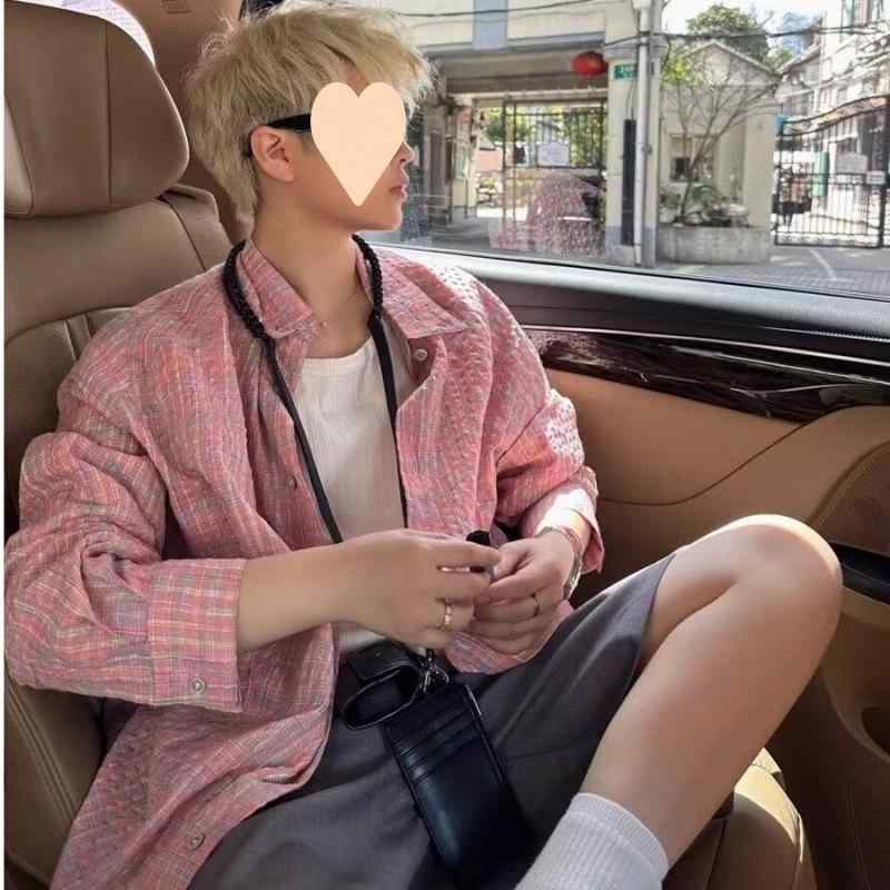 シャツ メンズ 男性用 トップス 格子柄 長袖 ポリエステル ピンク系 春夏 薄手 修身(4)