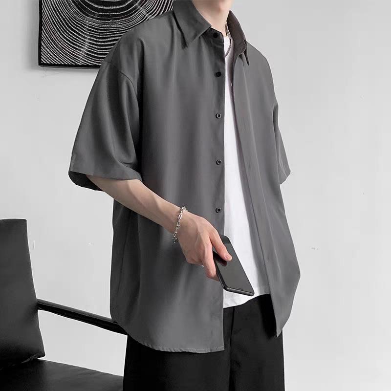 襯衫 - シャツ メンズ 半袖 接触冷感 ポリエステル トップス 無地 薄手 5分袖 カジュアル ブラック ホワイト グレー