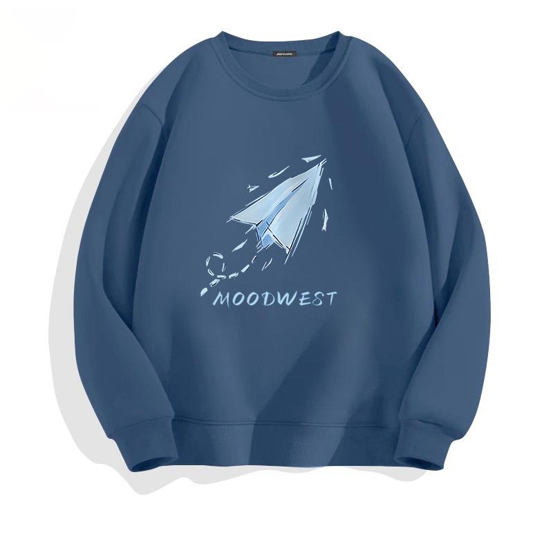 トレーナー メンズ 男性用 秋冬用 リラックスフィット プルオーバー 丸首 紙飛行機柄 プリント トップス ポリエステル 白 黒 コーヒー色 ダークグリーン ダークグレー スモーキーブルー(x2)