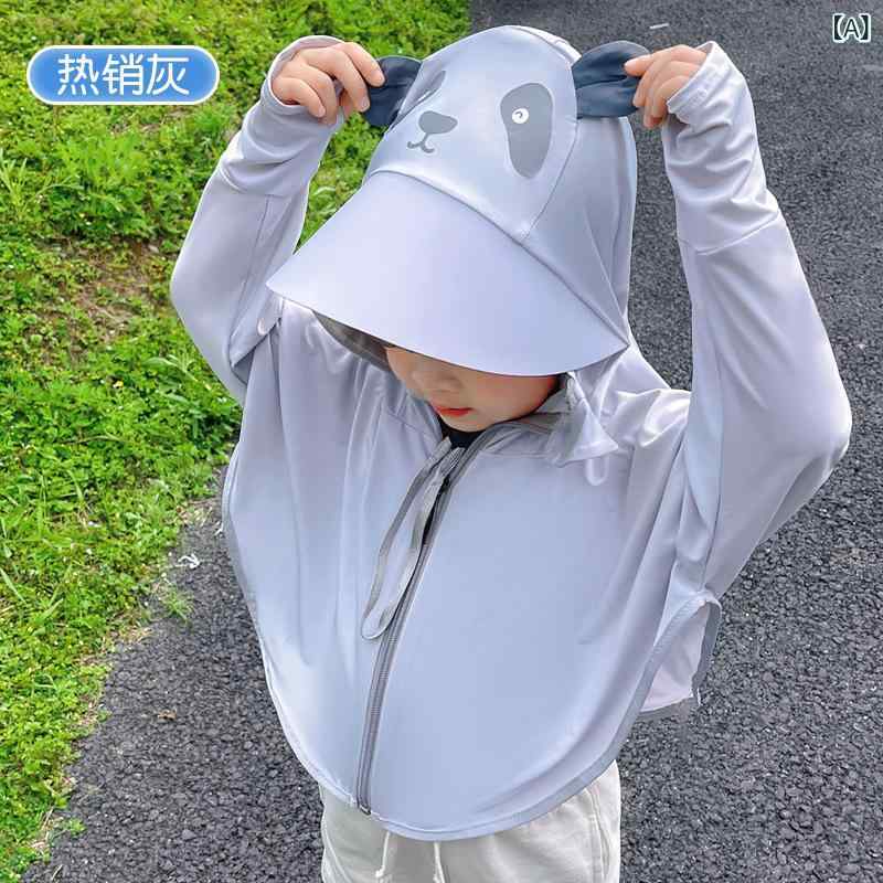 キッズ UVカットパーカー 子供用 薄手 接触冷感 通気性 フード付き ラッシュガード 紫外線対策 熊猫 熊耳 いちご 小熊 恐竜 パンダ アニマル柄 大帽檐 春夏 ポリエステル