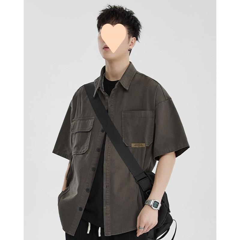 シャツ メンズ 男性用 半袖 レトロ トップス 秋冬 日本製 ヘビーウェイト ゆったり ワーク カジュアル 配色 黒 ブラック アーミーグリーン