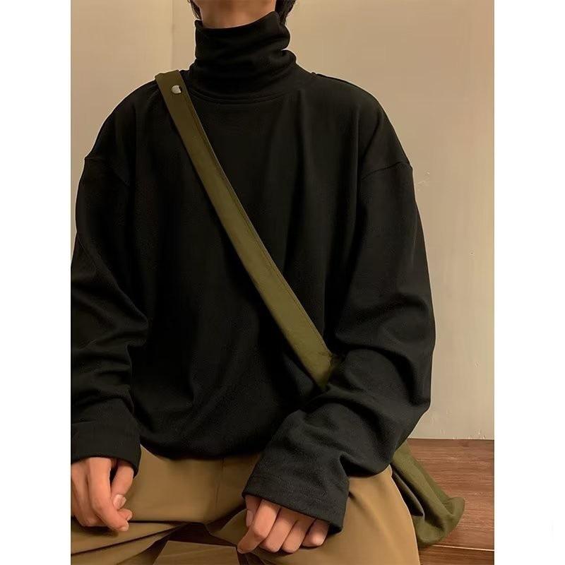 Rakuten - Tシャツ メンズ 長袖 カットソー ハーフハイネック ストライプ柄 薄手 伸縮性 ダークグレー ブラウン ホワイト ブラック
