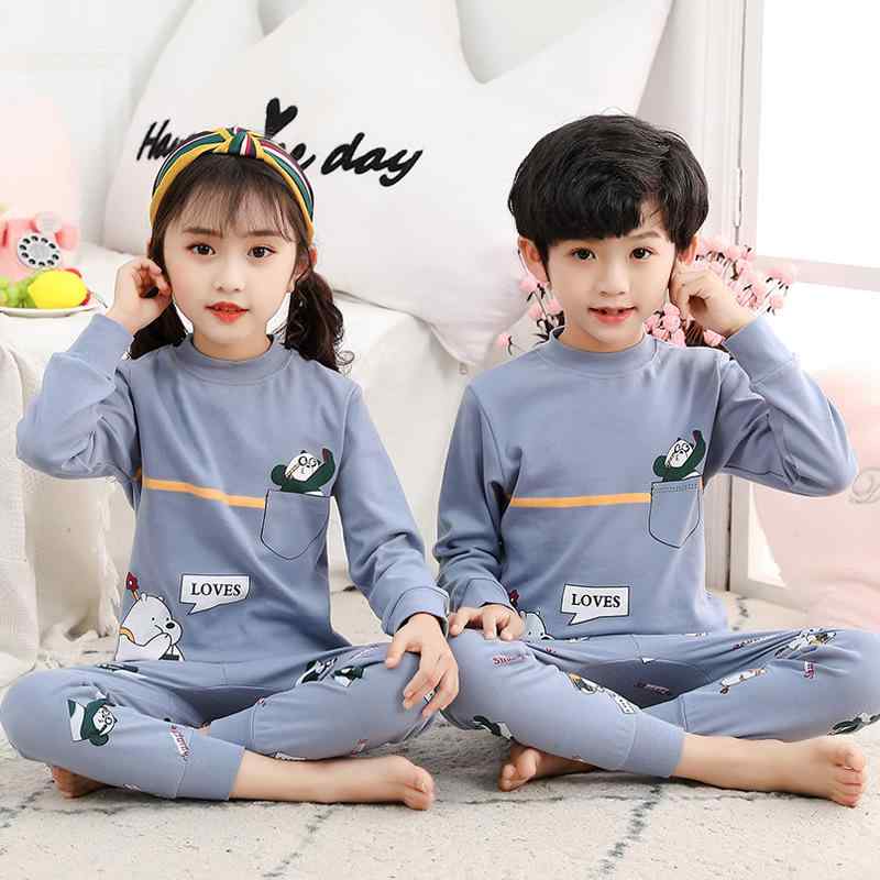 子供用インナー 上下セット 中小 बच्चों के लिए 長袖パジャमा 綿 高めのネックライン 春秋 かわいい動物柄 ピンク系 ブルー系