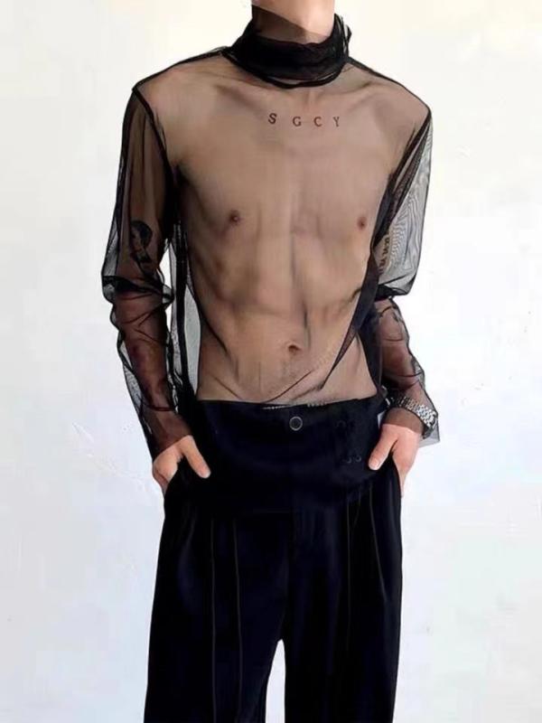 Other - Tシャツ メンズ 男性用 高襟 メッシュ 長袖 トップス 夏 接触冷感 シースルー 薄手 無地 ゆったり 黒