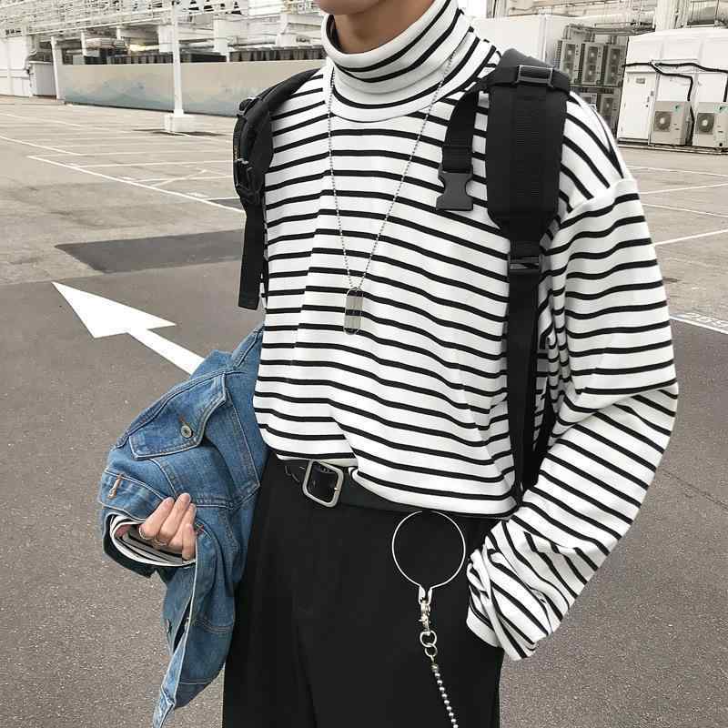 Rakuten - Tシャツ メンズ 男性用 トップス 長袖 ストライプ柄 スリム 薄手 高襟 プルオーバー カットソー カジュアル(x2)