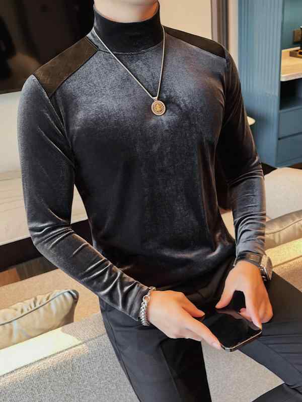 Tシャツ メンズ 秋冬 金糸 ベロア調 切り替え ハイネック 長袖 スリム 無地