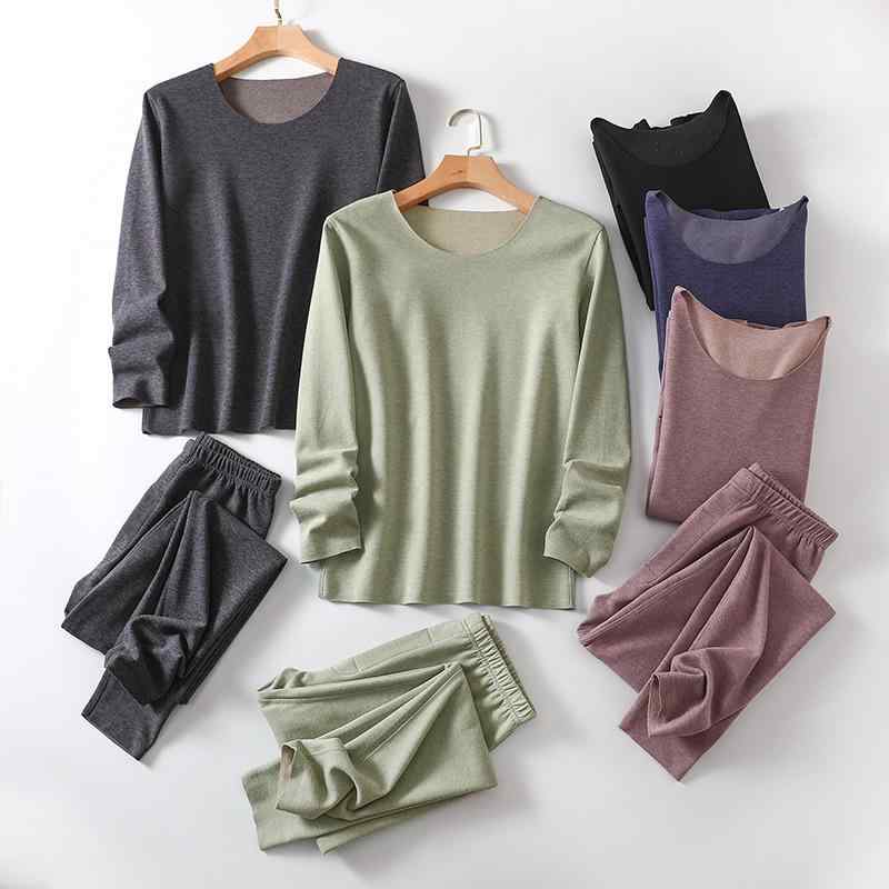 肌着 レディース インナーウェア 上下セット あったか起毛 長袖インナー 長ズボン下 ラウンドネック 無地 伸縮 秋冬 ダークネイビー パープル ブラック グリーン グレー