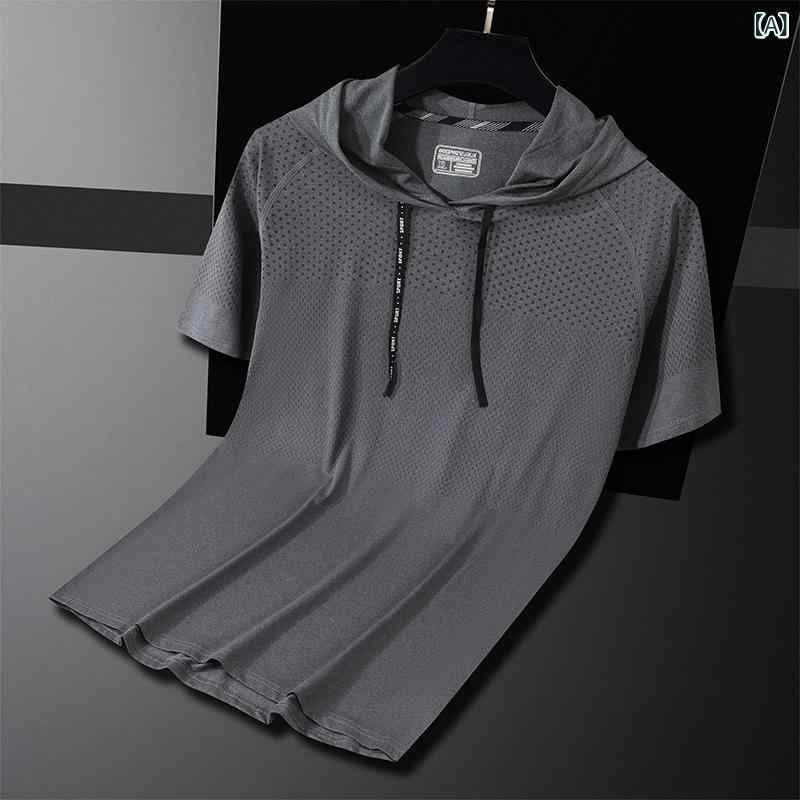 Tシャツ メンズ 男性用 半袖 速乾性 フード付き スポーツ ウェア 高弾力 ランニン...