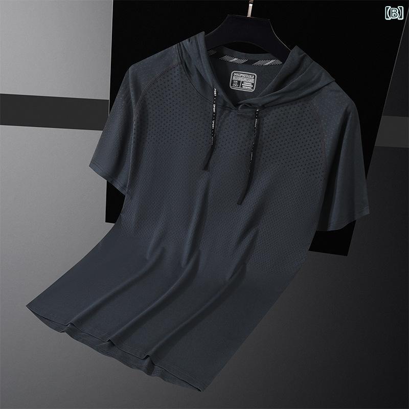 Tシャツ メンズ 男性用 半袖 速乾性 フード付き スポーツ ウェア 高弾力 ランニン...