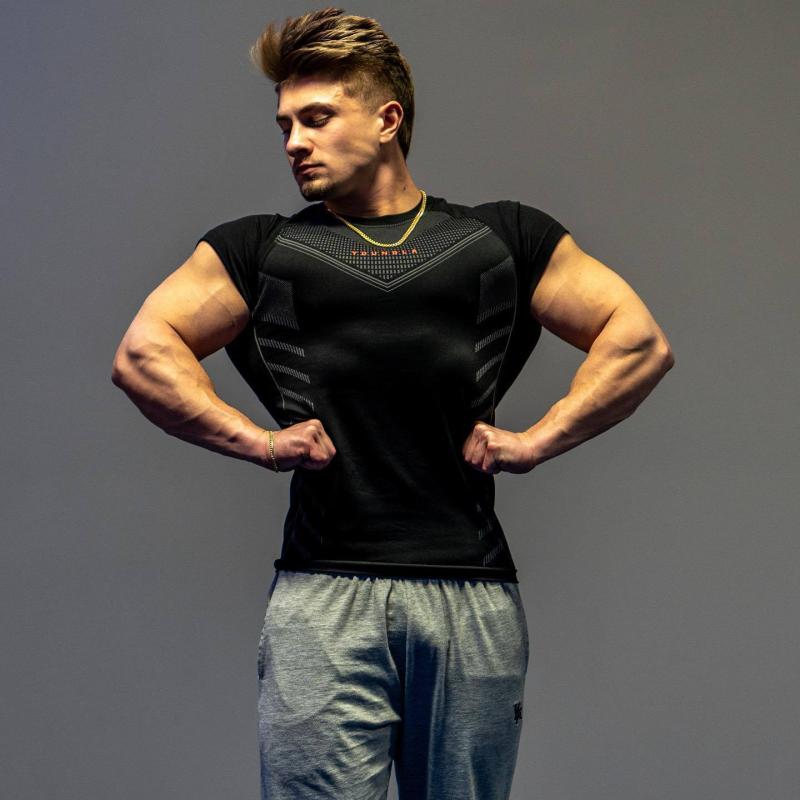 Tシャツ 男性用 スポーツウェア トレーニングウェア 高弾性 吸汗速乾 ストレッチ ラウンドネック 半袖 黒 赤 青 紫 黄色 シルバー ランニング フィットネス