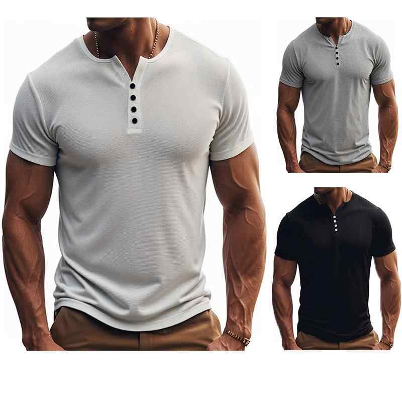 T-Shirts - Tシャツ メンズ 男性用 ヘンリーネック 無地 ボタン 留め 半袖 ポリエステル 合体型 薄手 防しわ 吸湿速乾 普段使い