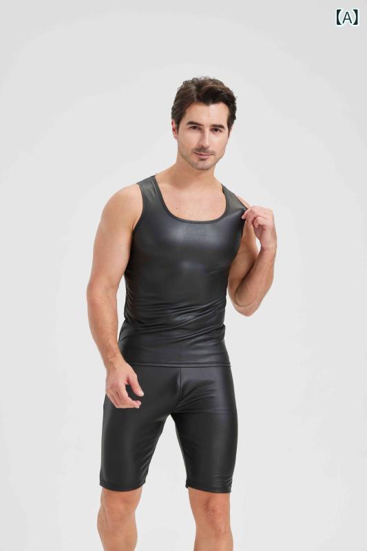 タンクトップ 男性用 フェイクレザー 光沢 ノースリーブ Tシャツ ステージ 衣装 ぴ...