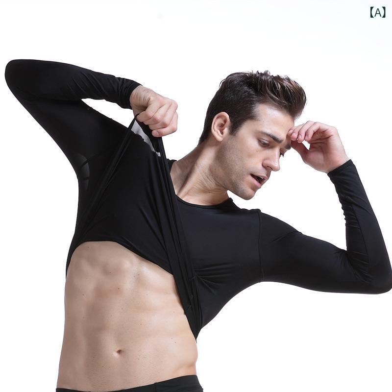 メンズ インナー トップス 接触冷感 塑身 Uネック 長袖Tシャツ 薄型 ストレッチ 無地 普段使い 部屋着 ブラック ホワイト ブルー グレー グリーン(x3) linears-10466757 LINEAR shop サンプル画像2