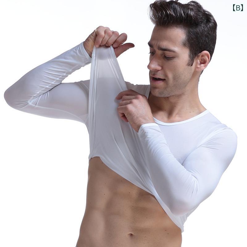 メンズ インナー トップス 接触冷感 塑身 Uネック 長袖Tシャツ 薄型 ストレッチ 無地 普段使い 部屋着 ブラック ホワイト ブルー グレー グリーン(x3) linears-10466757 LINEAR shop サンプル画像3