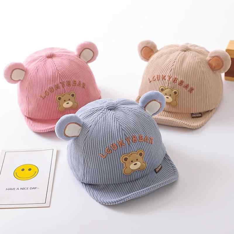 帽子 ベビー キッズ 秋冬 小熊 コーデュロイ 軟らかいつば 野球帽 日よけ 防風 かわいい ブルー ピンク ベージュ