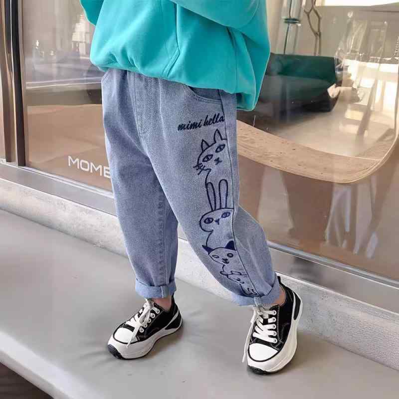 子供服 デニムパンツ 女の子 刺繍 ジーンズ ロングパンツ 柔らかい 女の子 ガールズ ジーパン 春秋 中小童(3~8歳.100~140cm) 中腰 ウエストゴム 刺しゅう 黄色 青 ハート 花柄 うさぎ 裾フリル Aライン 伸縮性 通園 普段着