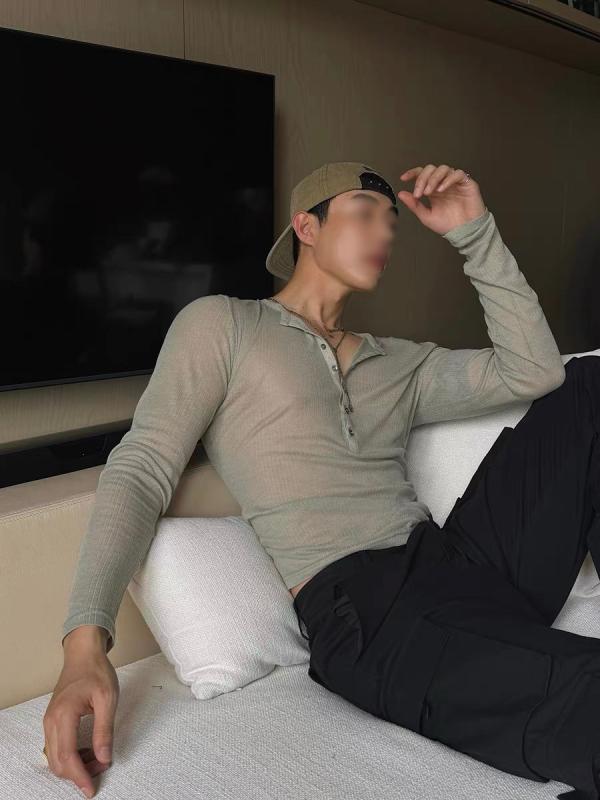 Tシャツ メンズ 深Vネック 長袖 薄手 シアー トップス 翠グリーン インナー プルオーバー